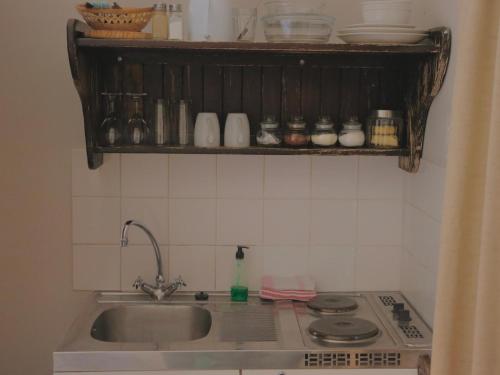 GrünauGrunau Chalets的厨房柜台设有水槽和炉灶。