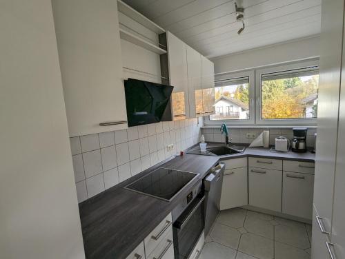 罗斯多夫Ruhige, moderne Wohnung bei Darmstadt in Roßdorf的一个带水槽和窗户的小厨房