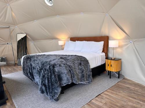 克伦威尔Glamping Dome - Pinot的帐篷内一间卧室,配有一张床