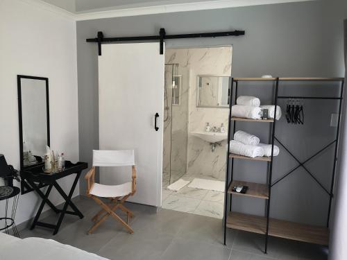 开普敦Mi Amor self catering apartment的带淋浴、盥洗盆和镜子的浴室