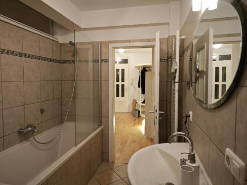 杜塞尔多夫Exceptional short-term rental的一间带水槽、浴缸和镜子的浴室
