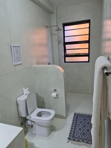 纳纽基The Landing Nanyuki Cottages的白色的浴室设有卫生间和窗户。