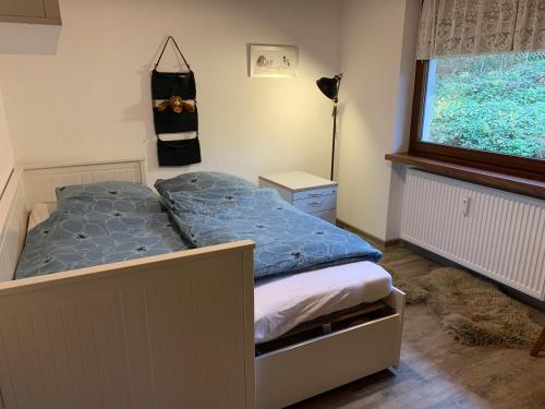 BrombachtalWohnen im Herrenwäldchen的一间卧室设有一张床和一个大窗户