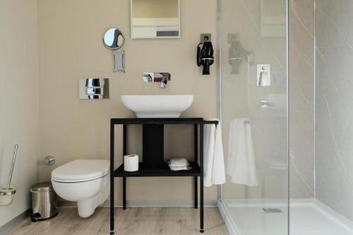 萨卡里亚Velour Hotel Spa Restaurant的一间带水槽、卫生间和淋浴的浴室