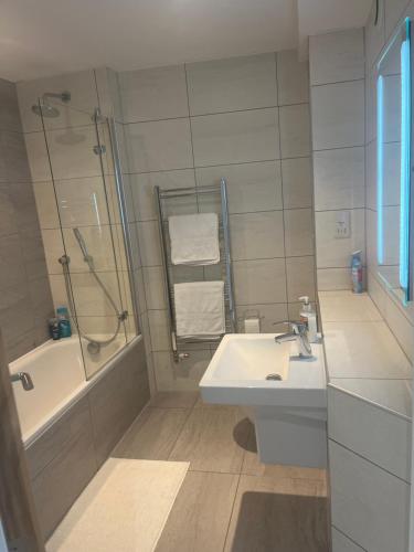 布里斯托Huller and cheese warehouse apartments的白色的浴室设有水槽和淋浴。