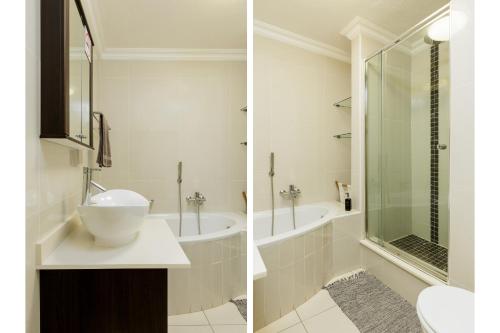 乌旺戈海滩Laguna La Crete 34的浴室的两张照片,配有水槽和淋浴