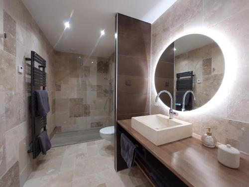 亚眠Urbs Amiens Sud的一间带水槽、卫生间和镜子的浴室