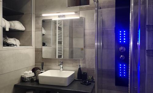 波尔塔里亚VENUS GUESTHOUSE的一间带水槽、镜子和淋浴的浴室
