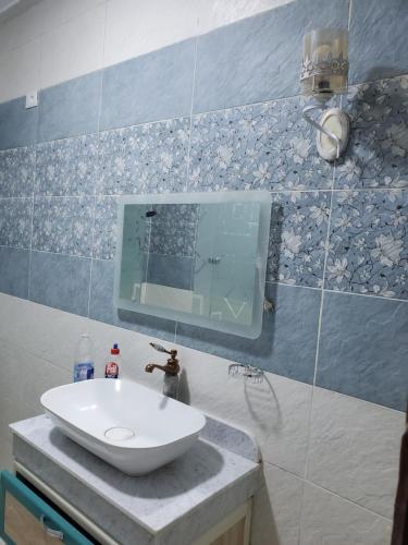 卢克索Cosy appartment in city的一间带水槽的浴室和墙上的电视