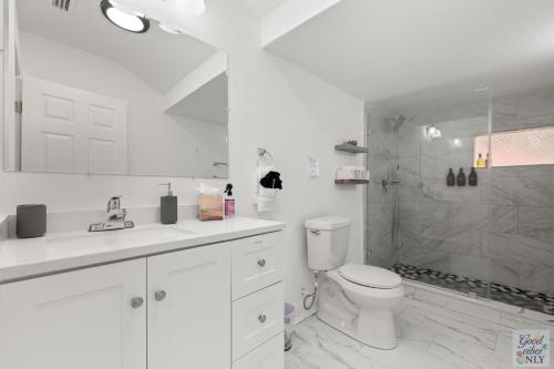 坦帕The Good Vibes Only Cottage的白色的浴室设有卫生间和淋浴。