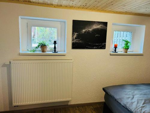 路德斯塔德·威特比Pool, Sauna und Blick ins Grüne的一间卧室设有两扇窗户,窗户上装有植物和蜡烛