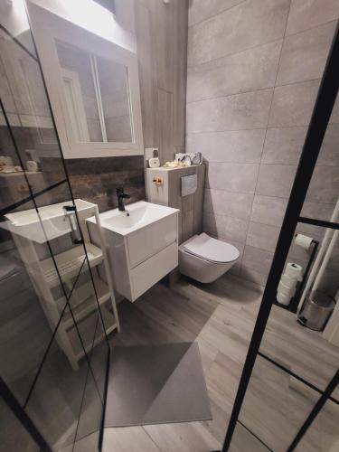 格丁尼亚Apartament Nad Klifem SEA VIEW的一间带水槽和卫生间的浴室
