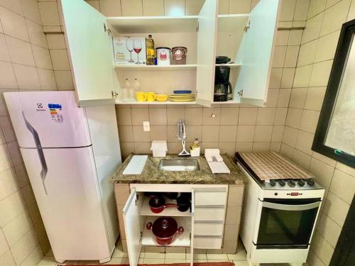 里贝朗普雷托Apto Centro Moderno e Completo的一间带冰箱和水槽的小厨房