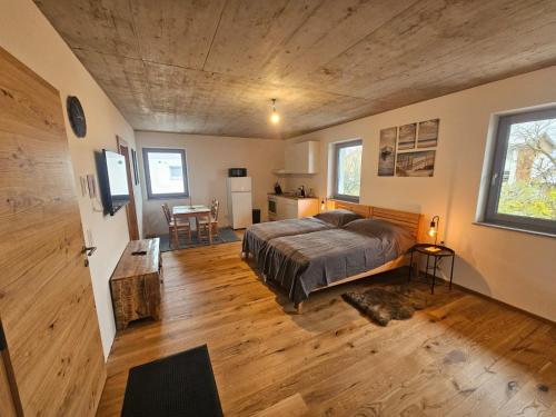 马蒂希霍芬Hajdar的一间卧室配有一张床铺和一张桌子,还设有一间厨房