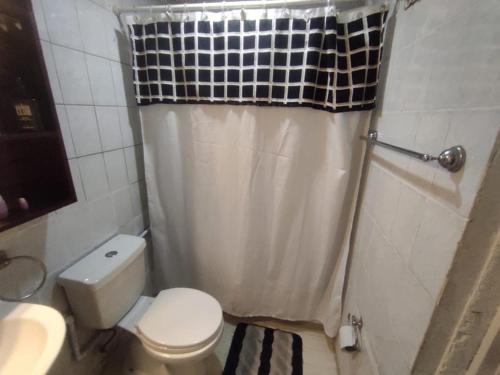 奇廉Hostal Dulces Sueños的一间带卫生间和淋浴帘的浴室