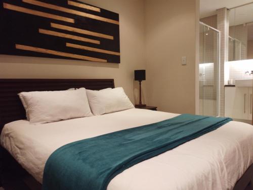 温特和克Business Pro Apartment, Windhoek的一间卧室配有一张带绿毯的床