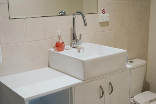 洛坎普顿Porky's Motel Rockhampton的浴室配有白色水槽和卫生间。