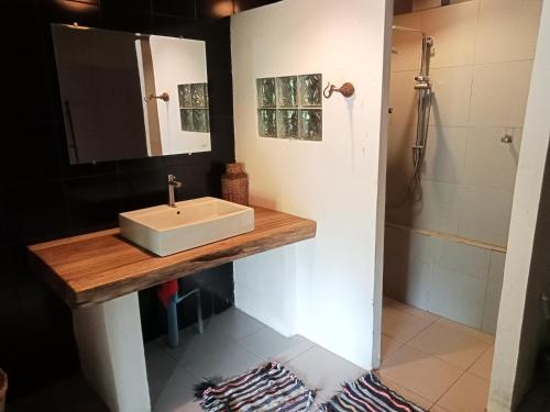 Ban KiangtatTad Lo - FANDEE ISLAND - Secret Private House - Bolaven Loop Pakse的一间带水槽和淋浴的浴室
