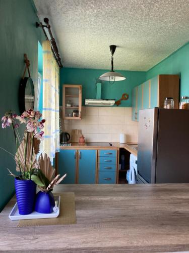 图库姆斯Studio tipa dzīvoklis的厨房配有蓝色橱柜和鲜花桌