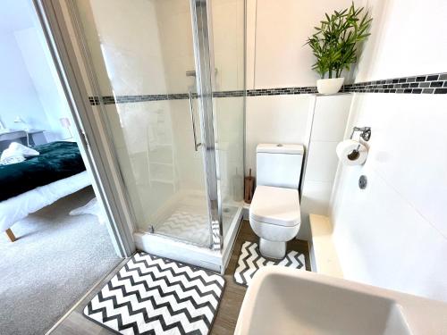 彼索普斯托福Stylish Cosy and Bright Apartment - Fantastic Location - Perfect for Business or solo travellers的带淋浴和卫生间的浴室