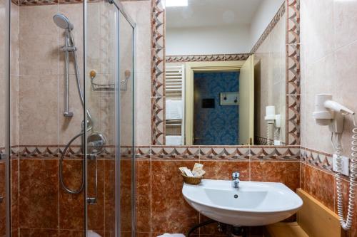 威尼斯威尼斯商人酒店的一间带水槽和淋浴的浴室