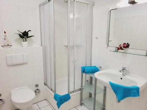 奥斯赛拜-屈隆斯博恩Appartementhaus Olymp的带淋浴、盥洗盆和卫生间的浴室