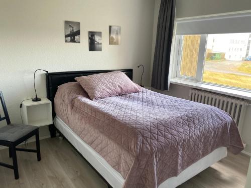 凯夫拉维克Sol apartment的一间卧室配有一张带紫色棉被的床和窗户。