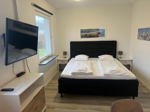 格罗斯滕Gæstehus的一间卧室配有一张床和一台平面电视