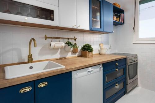 萨格勒布2-Bedroom Apt Near City Center的厨房配有蓝色橱柜和水槽