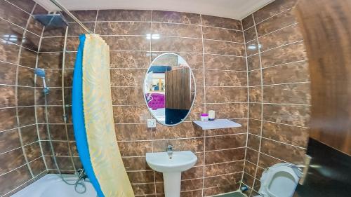 拉各斯VI/Ikoyi/Oniru Lagos Property的一间带水槽、镜子和卫生间的浴室