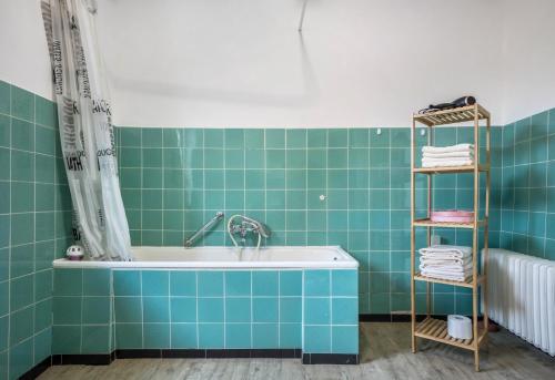 博克讷姆Ferienwohnung Bartölke的浴室铺有绿色瓷砖,配有浴缸。