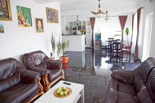 Popeşti-LeordeniHotel Nova Bital的客厅配有沙发和带一碗水果的桌子
