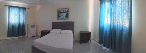 San CristóbalLos Palmares Guest House & Eventos的一间卧室配有床和2个蓝色窗帘