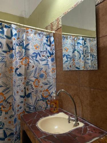 帕克拉Mauras Tropical Mini Hostel & Tours的一间带水槽和镜子的浴室
