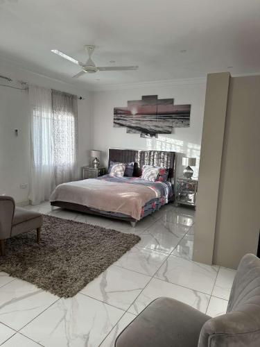 班珠尔Luxury 2 bedroom flat KerrSerign的一间带大床的卧室和一间客厅