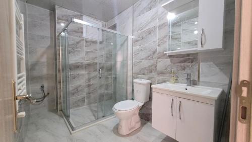 凡城Padishah Suite Otel的浴室配有卫生间、淋浴和盥洗盆。