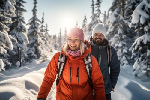 上德劳堡Boutiquehotel Lindenhof的一位男人和女人在雪中行走