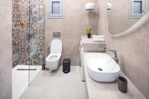 雅典Ando’s Cozy Studio Apartment的一间带卫生间、水槽和镜子的浴室