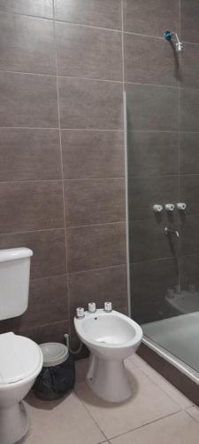 圣地亚哥-德尔埃斯特罗Monoambiente Céntrico2的浴室配有卫生间、盥洗盆和淋浴。