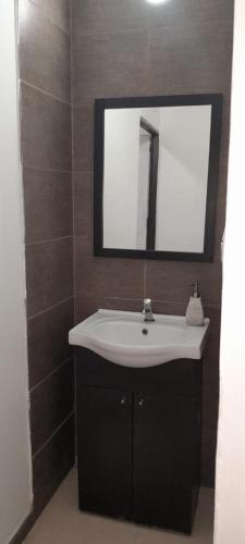 圣地亚哥-德尔埃斯特罗Monoambiente Céntrico2的浴室设有白色水槽和镜子