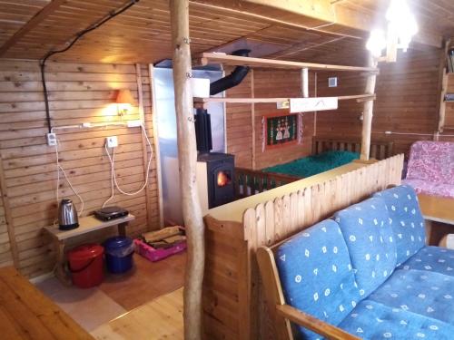LalikiDomek Górski z sauną的小屋内配有沙发和炉灶的房间