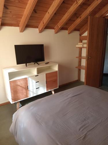 圣卡洛斯-德巴里洛切Casita 2 ambientes的一间卧室配有一张床和一台平面电视