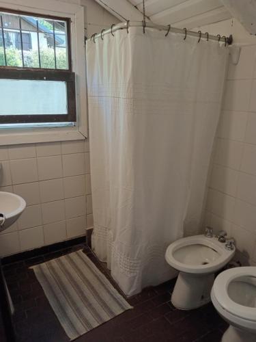 圣卡洛斯-德巴里洛切Casita 2 ambientes的一间带卫生间和淋浴帘的浴室