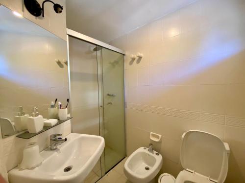 亚松森Hostalito Las Mercedes的一间带水槽、卫生间和淋浴的浴室