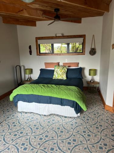 Kuaotunu瑞佛斯公寓的一间卧室配有一张带两盏灯的绿床。