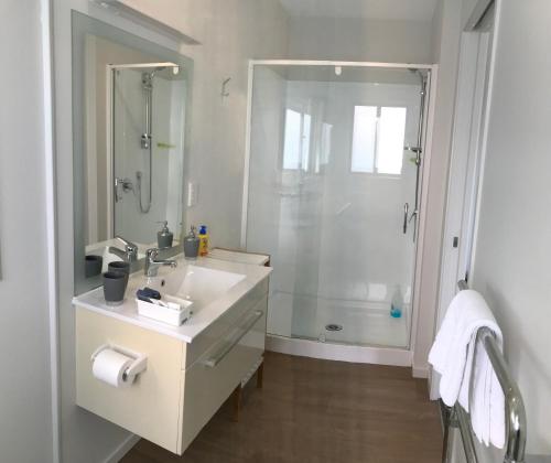 派西亚贝瓦特维尔酒店的带淋浴和盥洗盆的白色浴室