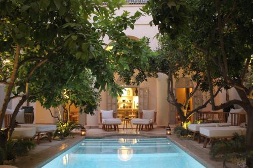 马拉喀什安贝瑞扎哈里摩洛哥传统庭院住宅的树木繁茂的庭院中的一个游泳池