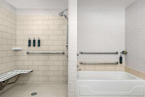 罗斯芒特芝加哥奥黑尔机场罗斯蒙特希尔顿逸林酒店的浴室配有白色浴缸和淋浴。