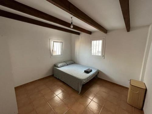 巴塞罗那Large Apartment in el Raval的一间卧室设有一张床和两个窗户。
