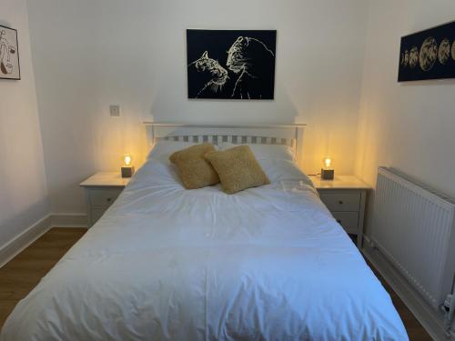 贝里圣埃德蒙兹Modern The Mews Apartment的一间卧室配有白色床和2个床头柜